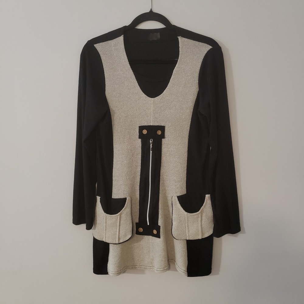 Retro Mod Artsy Tunic Top Large Lagenlook Colorblock Ribbed Pockets Stretchy